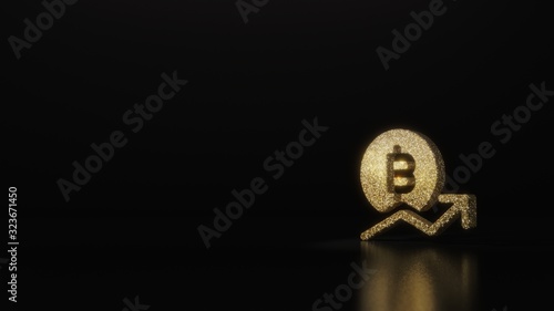 science glitter gold glitter symbol of bitcoin trend 3D rendering on dark black background with blurred reflection with sparkles
