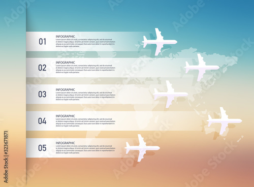Airplane and world map infographic. Can be used for website layout, numbered banners, diagram, horizontal cutout lines, web design.