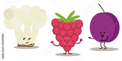 cauliflower, plum and raspberry. set of cartoon tropical fruit and vegetable characters in kawaii style,