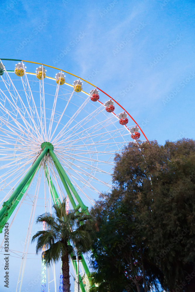 Fototapeta premium Colorful ferris wheel in the city park at evening.