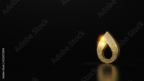 science glitter gold glitter symbol of flame 3D rendering on dark black background with blurred reflection with sparkles