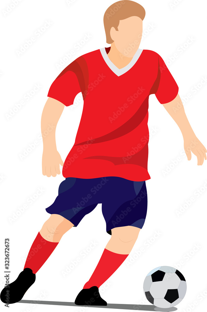 Color vector illustration of a soccer player with a ball without a background, outdoor play, footballer, sport, football player, forward
