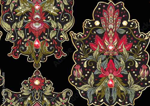 Seamless pattern with patch, embroidery imitation. Decorative motif in retro, vintage, jacobean embroidery style. Vector illustration isolaterd on black ackground.