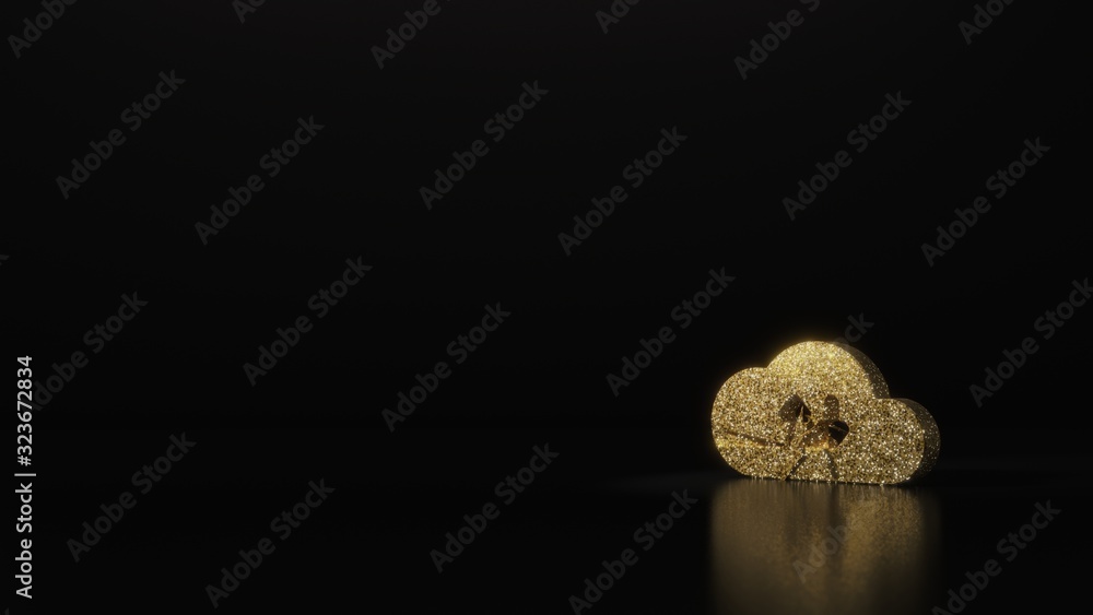 science glitter gold glitter symbol of cloud transfer data 3D rendering on dark black background with blurred reflection with sparkles science glitter gold glitter symbol of cloud transfer data 3D rendering on dark black background with blurred reflection with sparkles