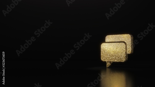 science glitter gold glitter symbol of two rectangular rounded chat bubbles 3D rendering on dark black background with blurred reflection with sparkles