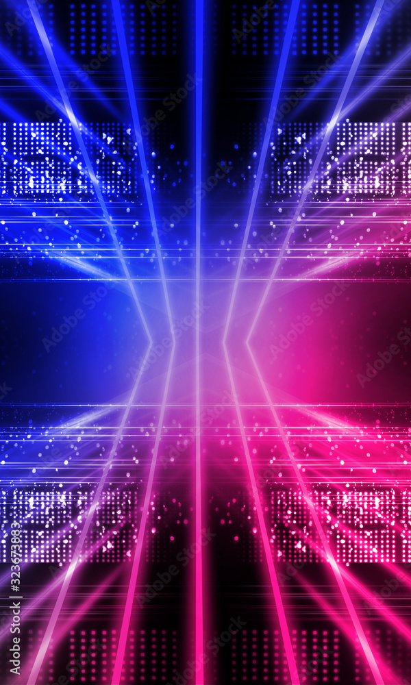 Background of empty stage show. Neon blue and purple light and laser show. Laser futuristic shapes on a dark background. Abstract dark background with neon glow