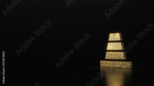 science glitter gold glitter symbol of cone 3D rendering on dark black background with blurred reflection with sparkles