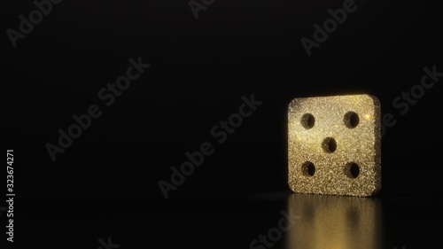science glitter gold glitter symbol of dice 3D rendering on dark black background with blurred reflection with sparkles