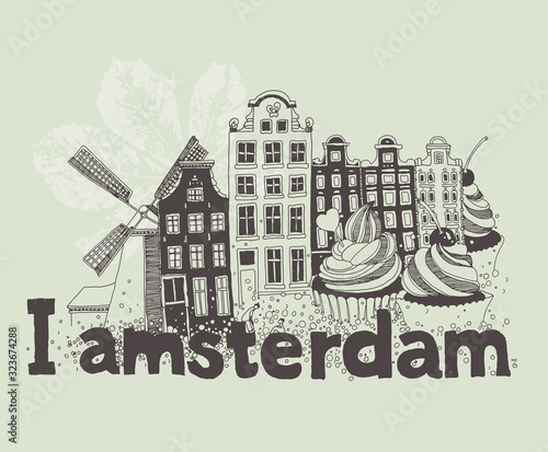 Vector illustration of Amsterdam attractions in black and white colors
