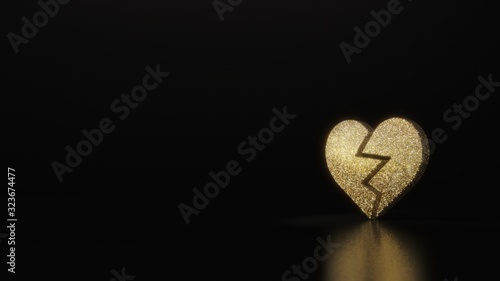 science glitter gold glitter symbol of dislike 3D rendering on dark black background with blurred reflection with sparkles