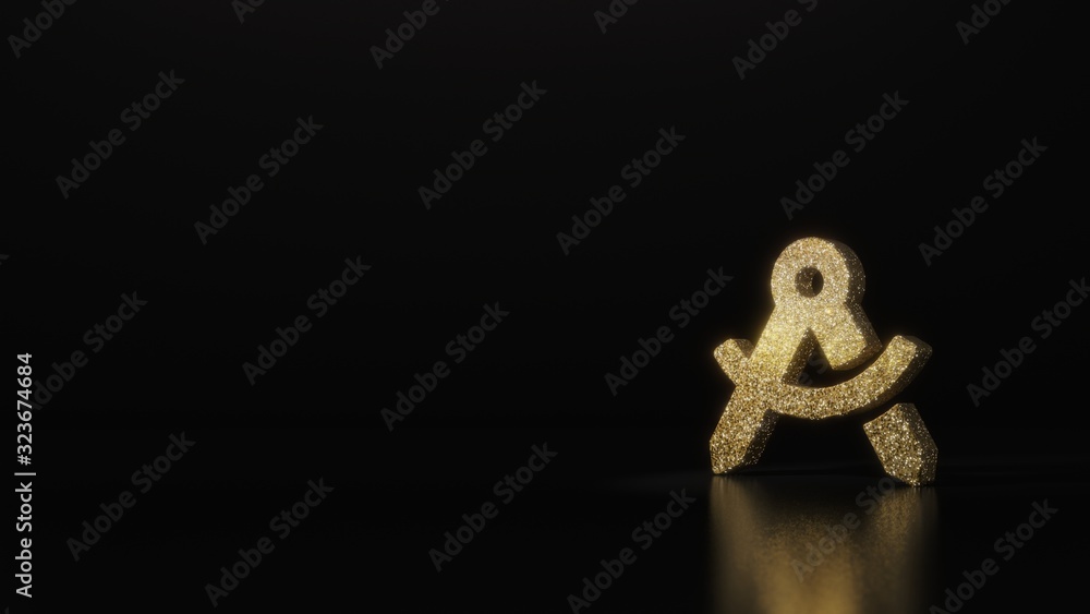 science glitter gold glitter symbol of drafting compass 3D rendering on dark black background with blurred reflection with sparkles