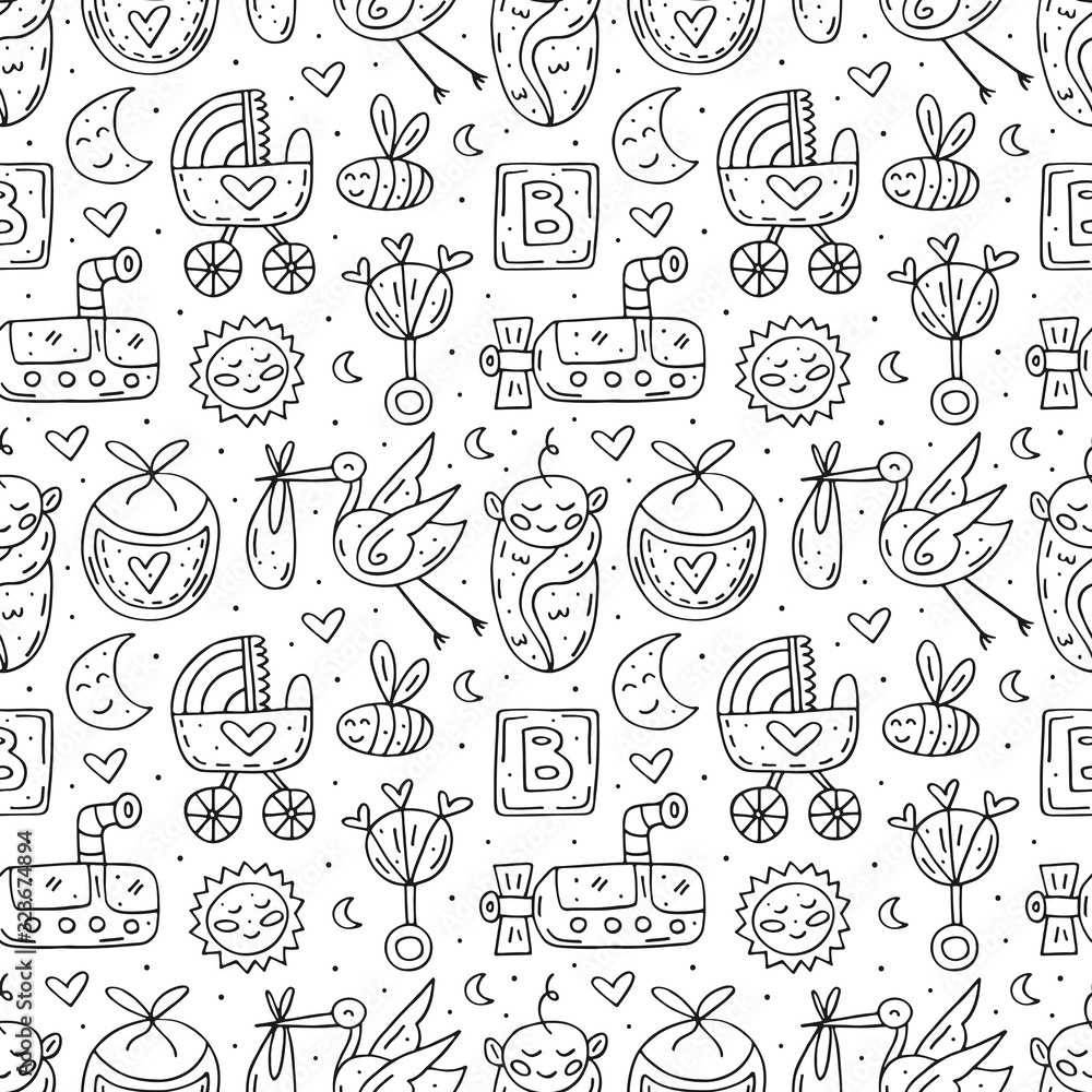 Baby care stuff, clothes, toys cartoon cute hand drawn doodle vector seamless pattern, texture, backdrop. Funny monochrome design. Isolated on white background. Kids decorative design elements. 