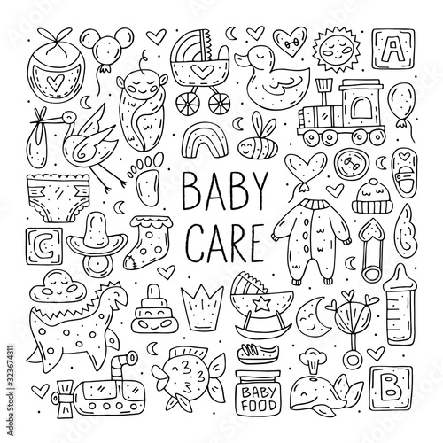 Baby care cute hand drawn doodle vector clip art, stickers, icons, set of design elements. Black monochrome design. Isolated on white background. Easy to change color. Decorative elements. Coloring. 