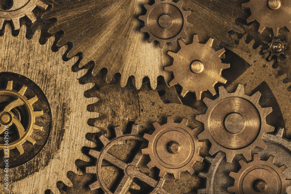 Old gears and cogs clock mechanism. Mixed media. 3d illustration. Stock