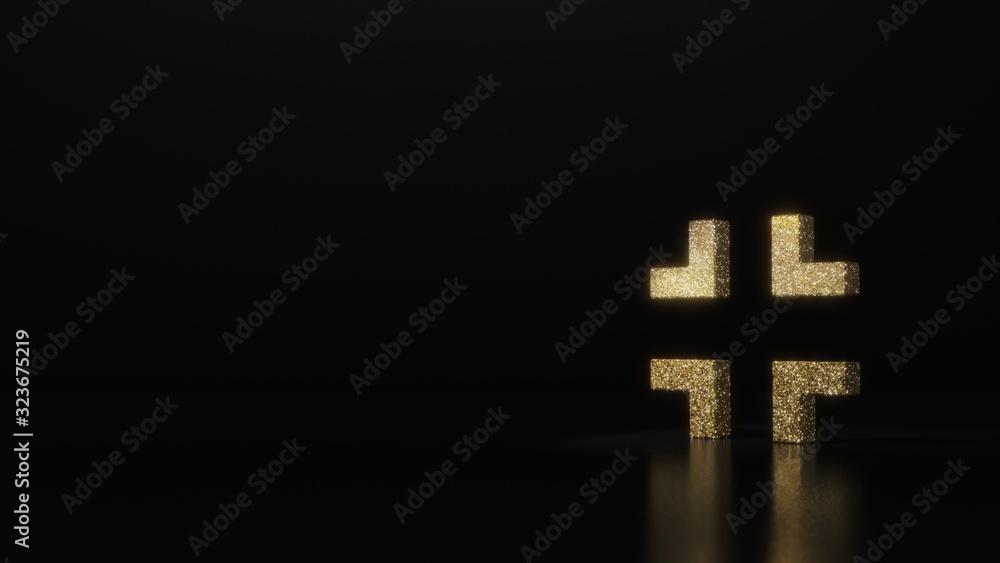 Fototapeta premium science glitter gold glitter symbol of exit 3D rendering on dark black background with blurred reflection with sparkles