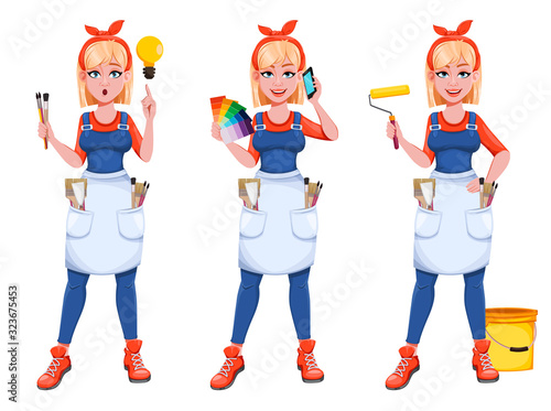 Painter woman with roller. Beautiful lady painter