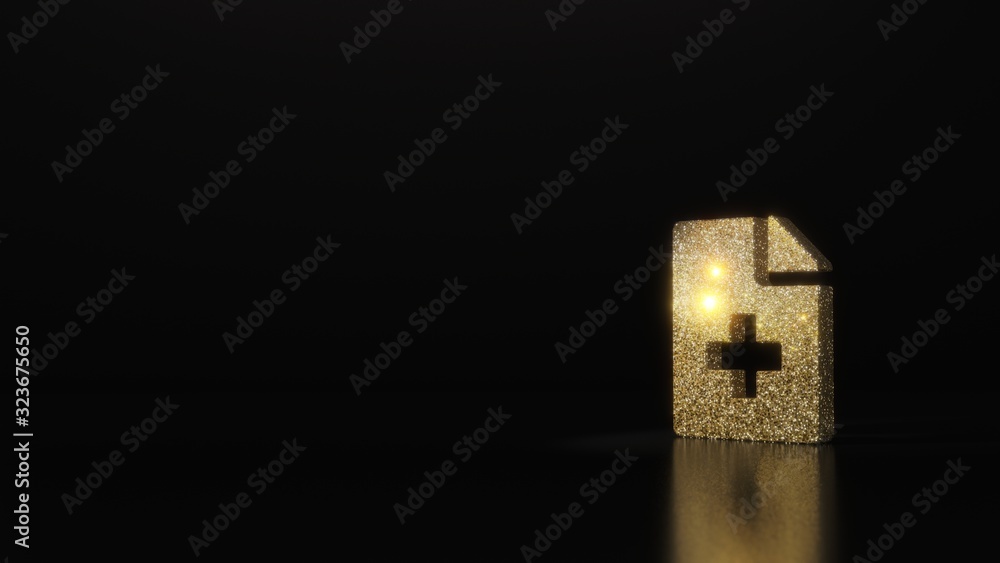 science glitter gold glitter symbol of file medical 3D rendering on dark black background with blurred reflection with sparkles science glitter gold glitter symbol of file medical 3D rendering on dark black background with blurred reflection with sparkles