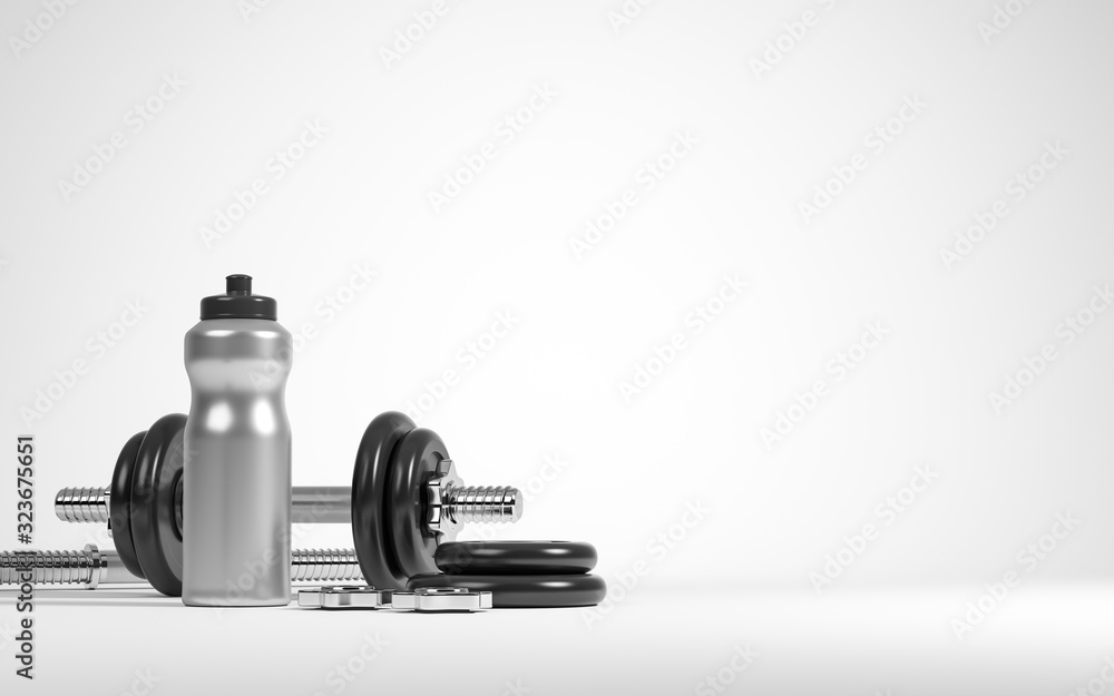 Silver fitness bottle and black dumbbell on the white background with copyspace. Sport healthy lifestyle concept. Silver fitness bottle and black dumbbell on the white background with copyspace. Sport healthy lifestyle concept.
