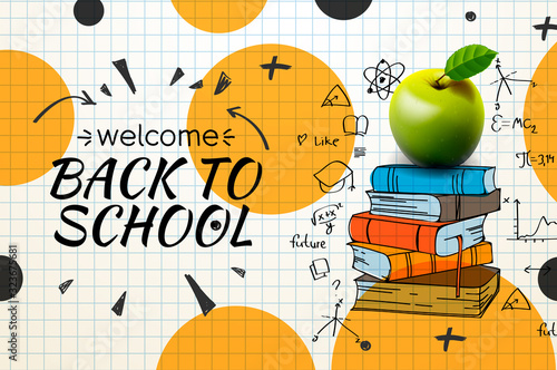 Welcome Back to school web banner, apple and doodle on checkered paper background, vector illustration.