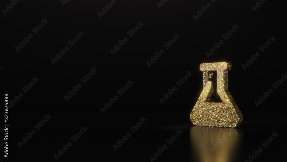 science glitter gold glitter symbol of flask 3D rendering on dark black background with blurred reflection with sparkles
