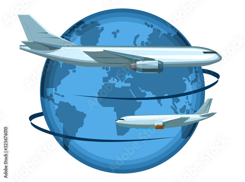 International air transportation. Logo, label, brand. Cargo delivery, passenger transportation. Traveling around the world. Intercontinental flights. Isolated vector.