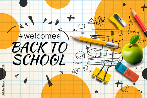 Welcome Back to school web banner, doodle on checkered paper background, vector illustration.