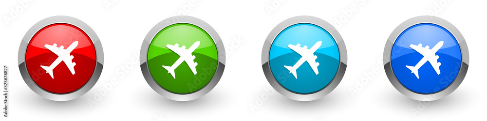 Flight silver metallic glossy icons, plane, aircraf concept set of modern design buttons for web, internet and mobile applications in four colors options isolated on white background Flight silver metallic glossy icons, plane, aircraf concept set of modern design buttons for web, internet and mobile applications in four colors options isolated on white background