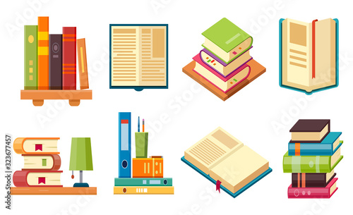 Isometric books on shelf, library literature set