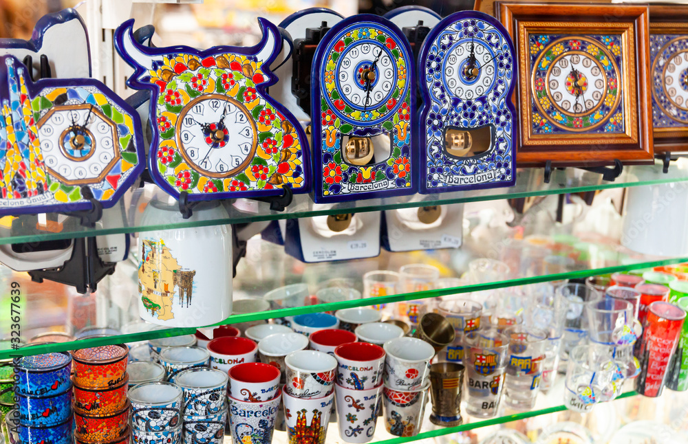 Handcrafted ceramics in souvenir shop in Barcelona