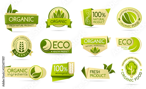 Organic food labels, eco and bio natural products photo