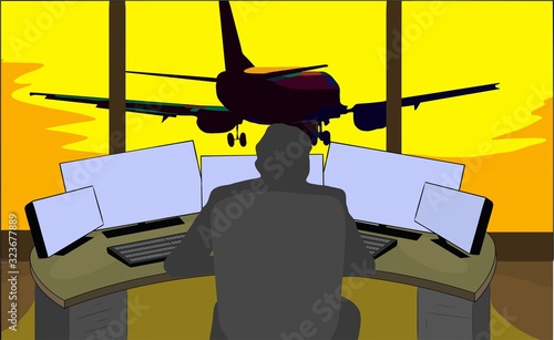 Sketch, dispatcher at the workplace monitors the flight of the aircraft. Suitable for emblem, symbol, logo, cover page of a book