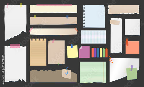 Paper notes, torn page memo on clips, sticky notes