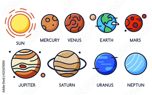Cartoon icons of solar system planets with names
