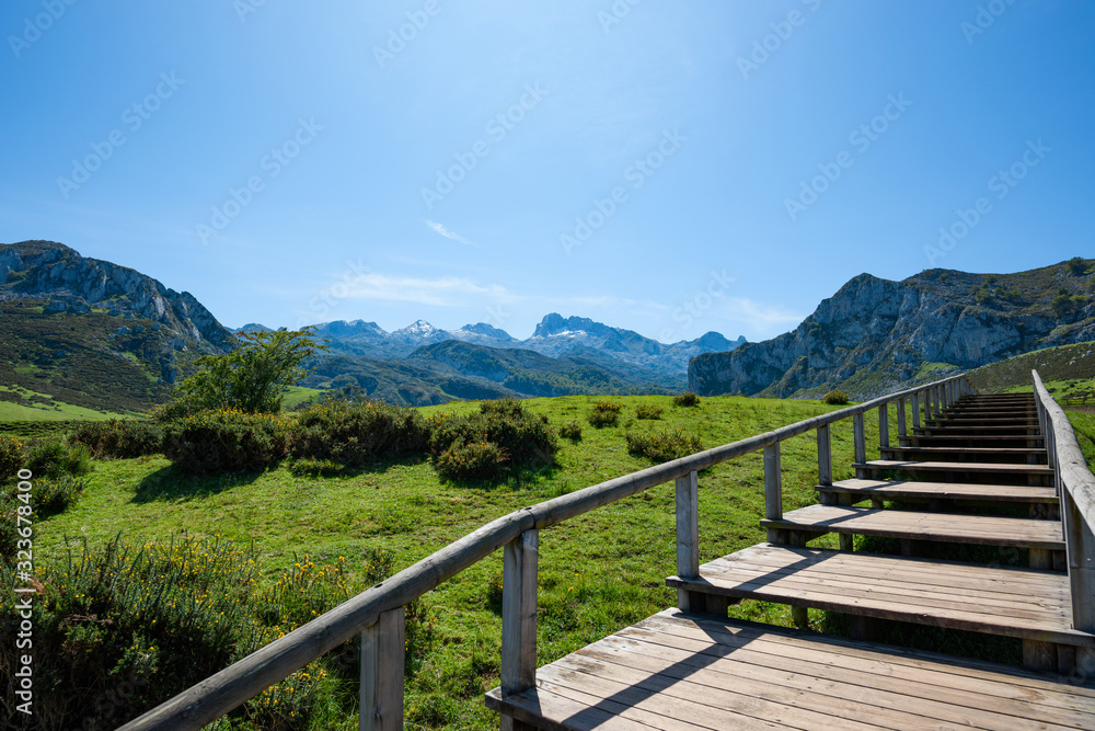 Boardwalk road to mountains and lakes of nathional park Picos de Europa in Asturias, Spain