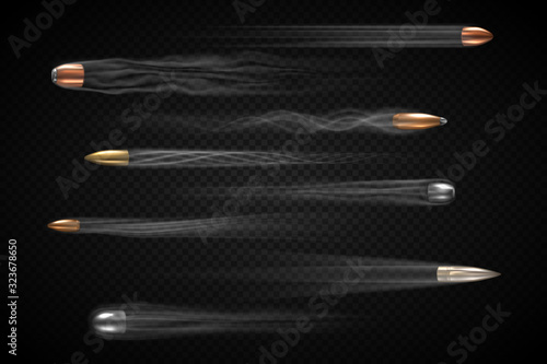 Fototapet Realistic flying bullet with smoke trace isolated, a set of shot bullets in slow
