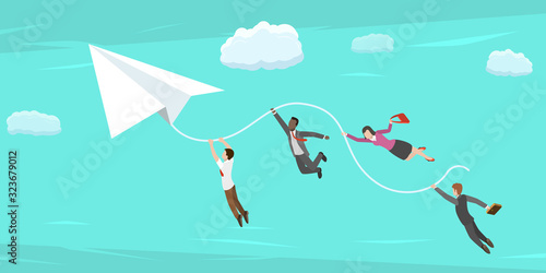 Isometric Vector Concept of Goal Achievement. Business Team are Flying to Their Target On the White Paper Plane. Strategy of Effective Collaboration.