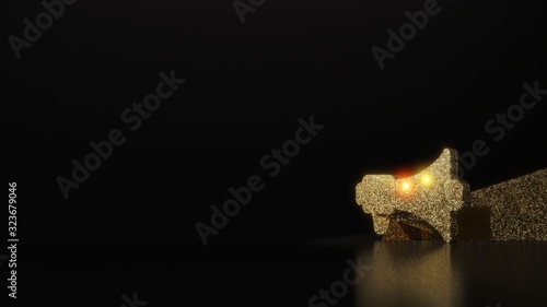 science glitter gold glitter symbol of megaphone 3D rendering on dark black background with blurred reflection with sparkles