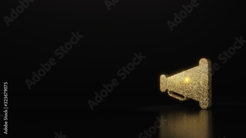 Fototapeta Naklejka Na Ścianę i Meble -  science glitter gold glitter symbol of megaphone 3D rendering on dark black background with blurred reflection with sparkles
