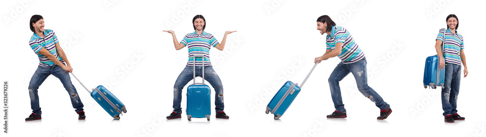 Young man travelling with suitcases isolated on white Young man travelling with suitcases isolated on white
