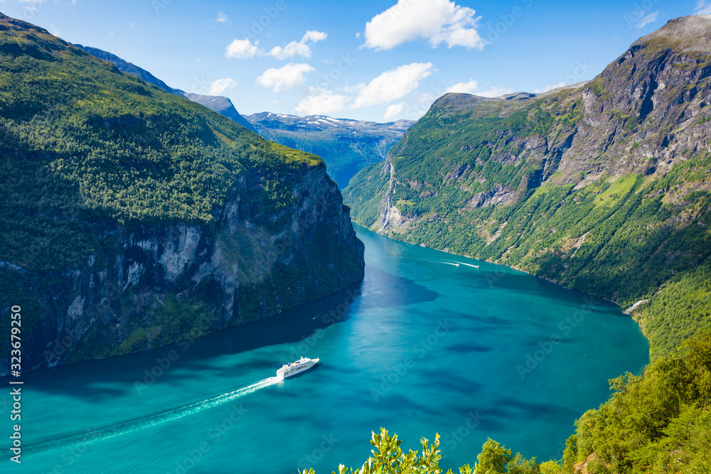Fjord Geirangerfjord with cruise ship, Norway.