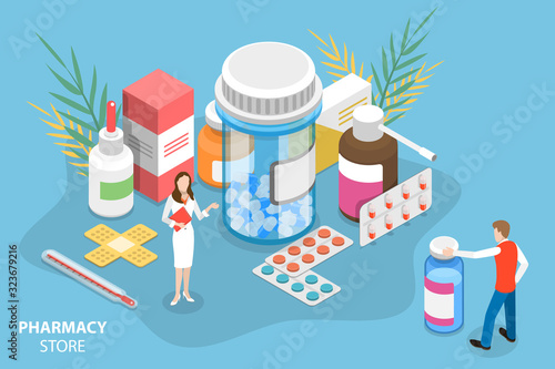 Isometric Vector Concept of Pharmacy Store. Pharmacist is Standing Around the Bottles and Boxes with Medicine and Suggesting some to the Customer.