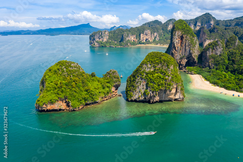 nature seascape island and mountain green forest with sand beach aerial view