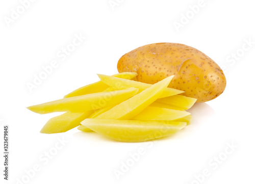 whole and cut piece raw potato on white background