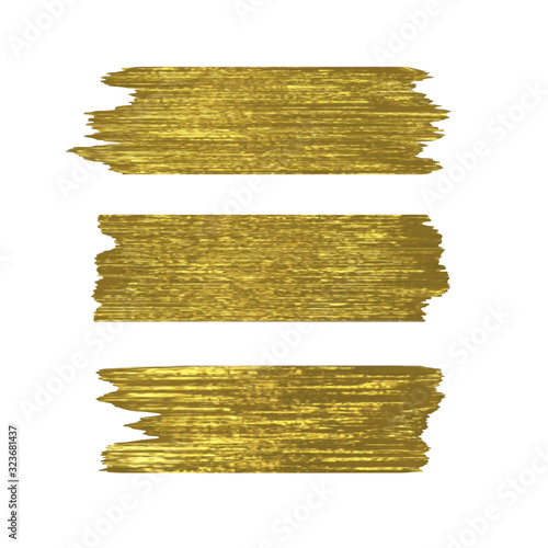 Golden glitter brushstrokes set isolated at white background. Shiny gold texture paint stain illustration. Collection of high detail hand drawn brush stroke vector design elements