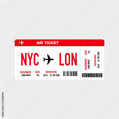 Modern and realistic airline ticket design with flight time and passenger name. vector illustration photo