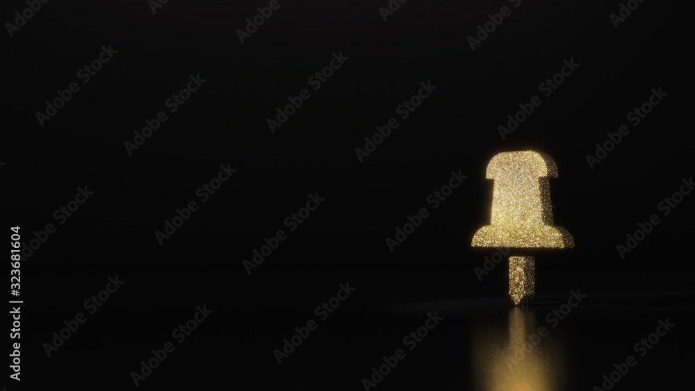 science glitter gold glitter symbol of push pin 3D rendering on dark black background with blurred reflection with sparkles science glitter gold glitter symbol of push pin 3D rendering on dark black background with blurred reflection with sparkles