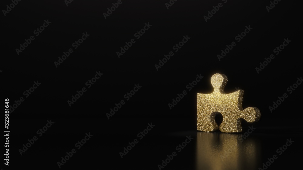 science glitter gold glitter symbol of puzzle piece 3D rendering on dark black background with blurred reflection with sparkles science glitter gold glitter symbol of puzzle piece 3D rendering on dark black background with blurred reflection with sparkles