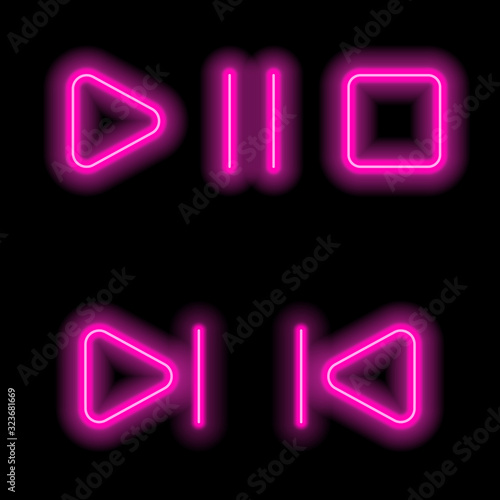 Set of neon media buttons - play, pause, stop, rewind. Vector illustration.