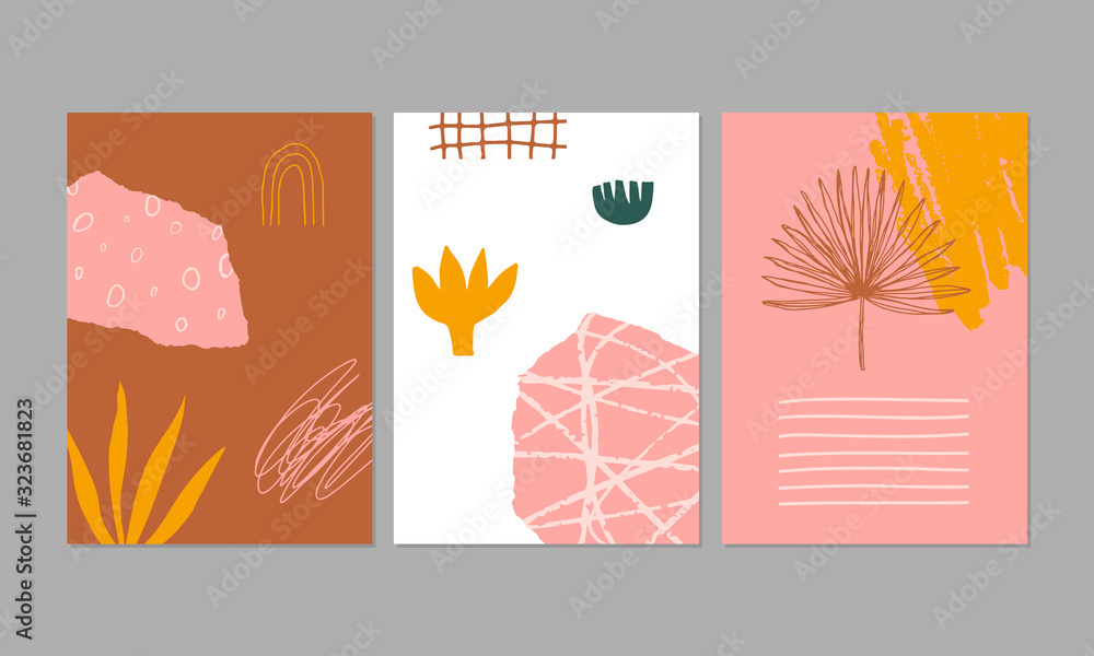 Collection of 3 creative universal cards with nature motifs and abstract elements and doodles. Design for poster, greeting card, invitation, banner, flyer. Vector.