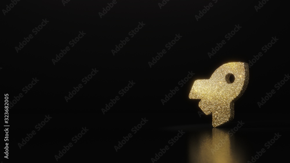 science glitter gold glitter symbol of rocket 3D rendering on dark black background with blurred reflection with sparkles science glitter gold glitter symbol of rocket 3D rendering on dark black background with blurred reflection with sparkles